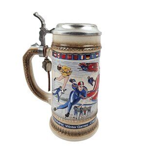 Busch Beer Stein Vintage 1988 Calgary Winter Olympics Pewter Lid Gerz W Germany